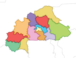 Vector illustrated blank map of Burkina Faso with regions and administrative divisions, and neighbouring countries and territories. Editable and clearly labeled layers.