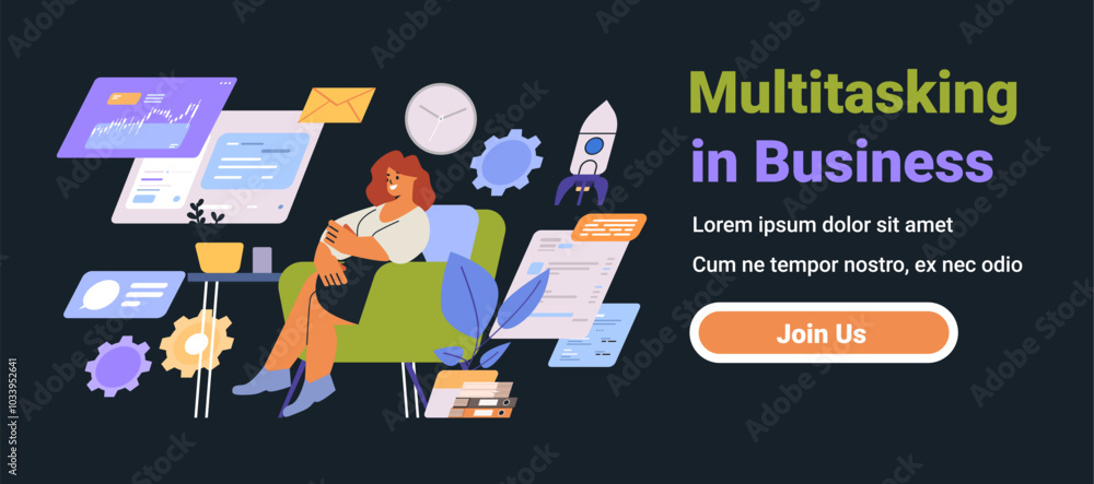 Poster businesswoman multitasking with various digital tools and elements around her including charts gears