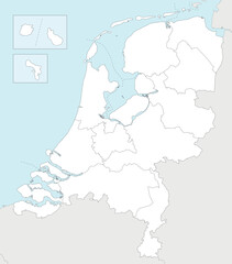 Vector regional blank map of Netherlands with provinces, Caribbean special municipalities and administrative divisions, and neighbouring countries and territories. Editable and clearly labeled layers.