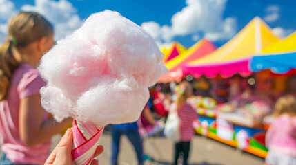 Cotton Candy Clouds: Children holding fluffy cotton candy cones against a backdrop of vibrant carnival tents.