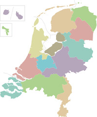 Vector regional blank map of Netherlands with provinces, Caribbean special municipalities and administrative divisions. Editable and clearly labeled layers.