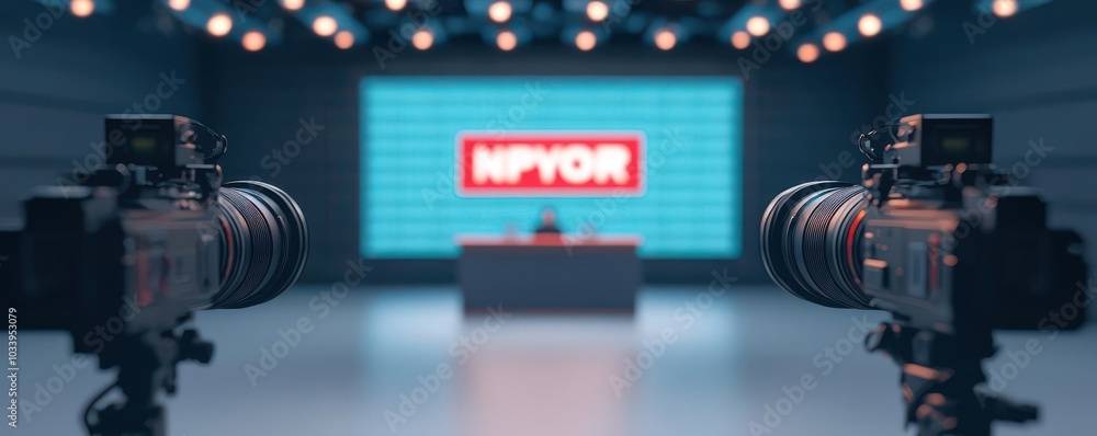 Poster a modern studio setup featuring cameras focused on a backdrop with a vibrant logo, suggesting a live
