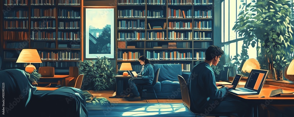 Aufkleber artistic depiction of a modern online library environment, with students studying from home using la