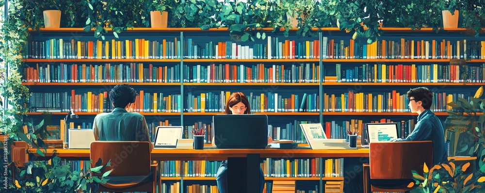 Aufkleber artistic depiction of a modern online library environment, with students studying from home using la