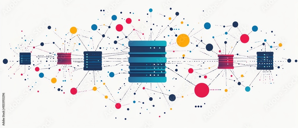 Poster artistic depiction of databases and data streams, highlighting their connectivity through apis, symb