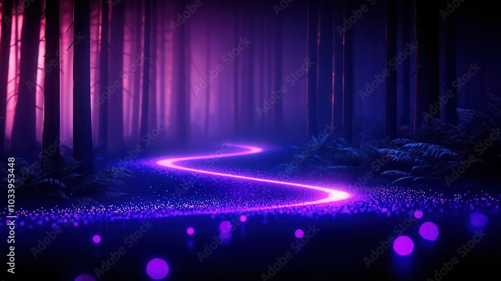 Poster a mystical forest path illuminated by purple light, surrounded by tall trees and glowing orbs, creat
