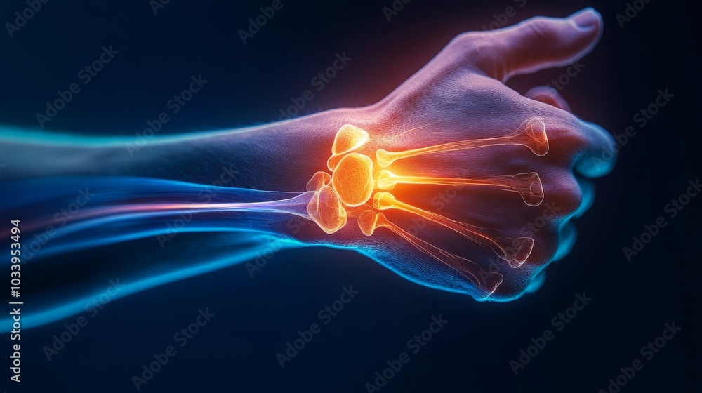 Poster a detailed view of a human hand and wrist showcases the skeletal structure, with focus on bones and 