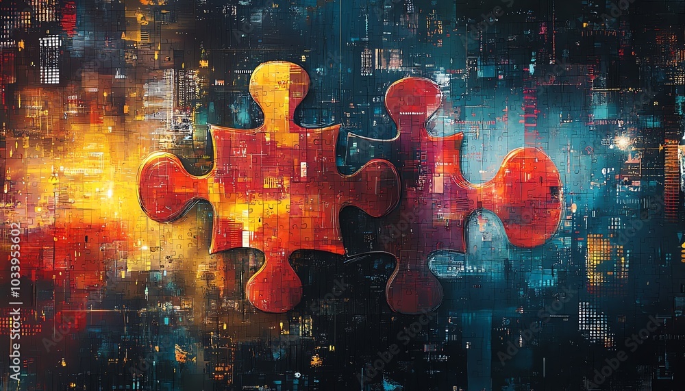Aufkleber Artistic representation of interlocking puzzle pieces symbolizing API integration, set against a dynamic abstract background filled with digital patterns and technology motifs