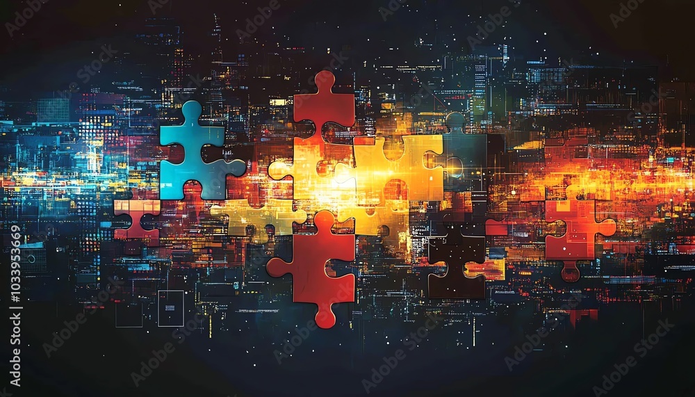 Aufkleber Artistic representation of interlocking puzzle pieces symbolizing API integration, set against a dynamic abstract background filled with digital patterns and technology motifs