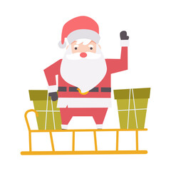Santa claus with christmas presents on sleigh . Cartoon character . Flat design . Vector .