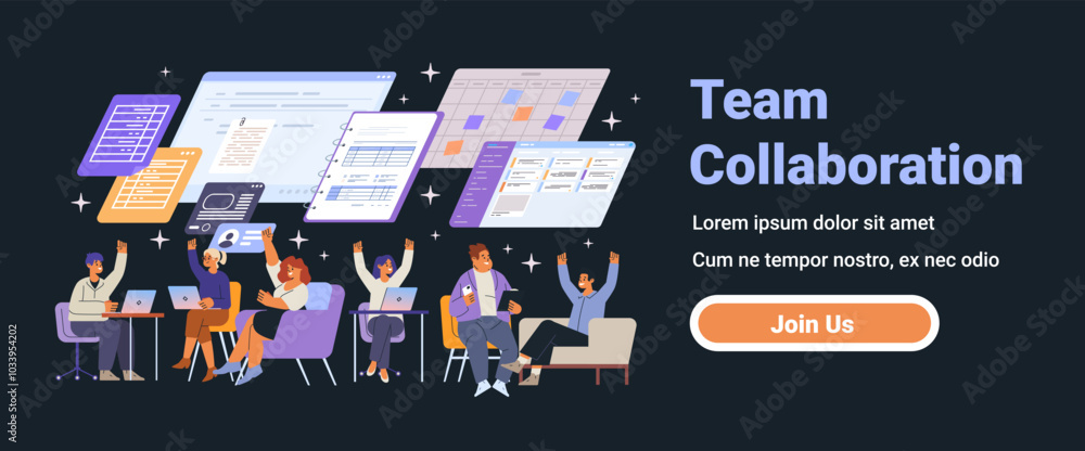 Poster team collaboration concept with diverse people working together on laptops and tablets surrounded by