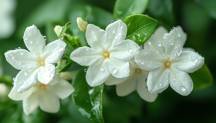 Fototapeta premium Closeup view of a jasmine flower in full bloom, highlighting its intricate details and rich fragrance, with droplets of water glistening on the petals
