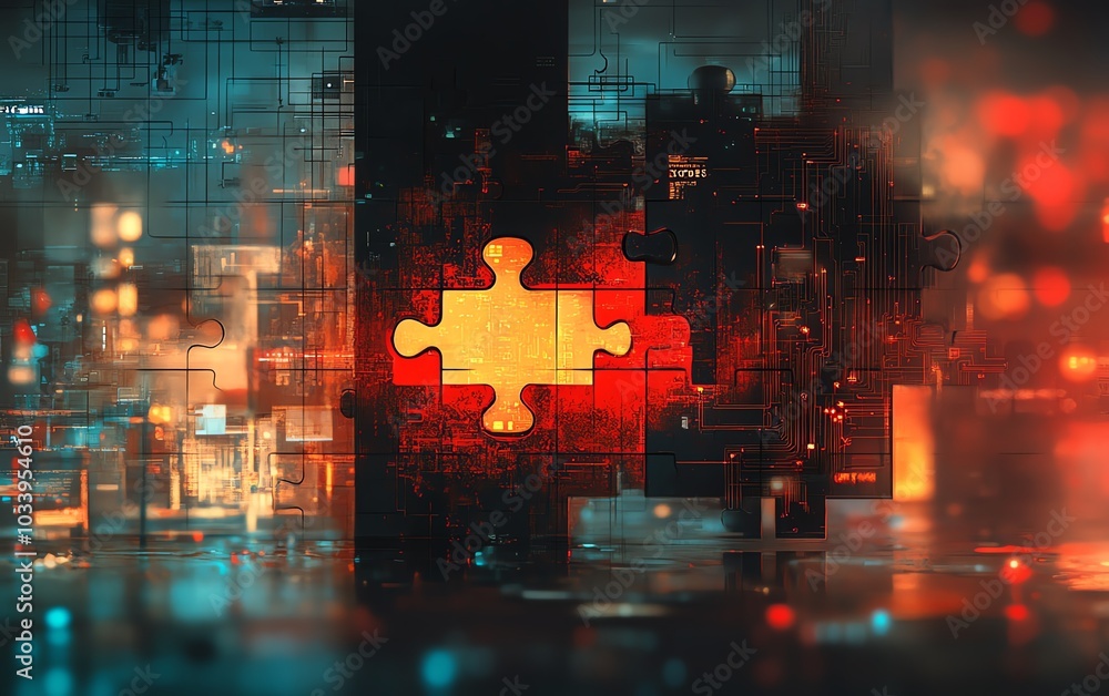 Aufkleber Creative digital artwork of the API integration concept, featuring puzzle pieces merging seamlessly, with a futuristic tech background that signifies advanced connectivity