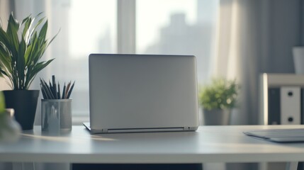 Fototapeta premium Minimalist Workspace with Laptop and Plants