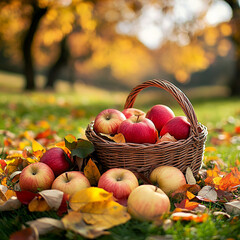 A basket of apples on the grass, surrounded by fallen leaves and scattered reds and yellows.