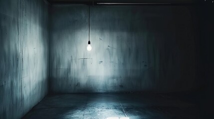 Dark empty room with single flickering light bulb casting long shadows, emphasizing absence of power and eerie atmosphere, minimalist setting with focus on light bulb's glow.