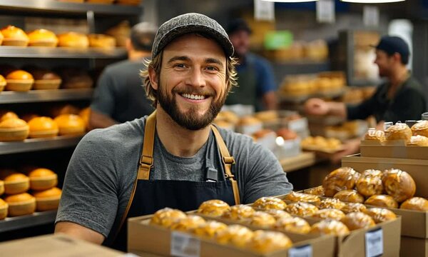 Smiling baker with pastries in a busy bakery setting.