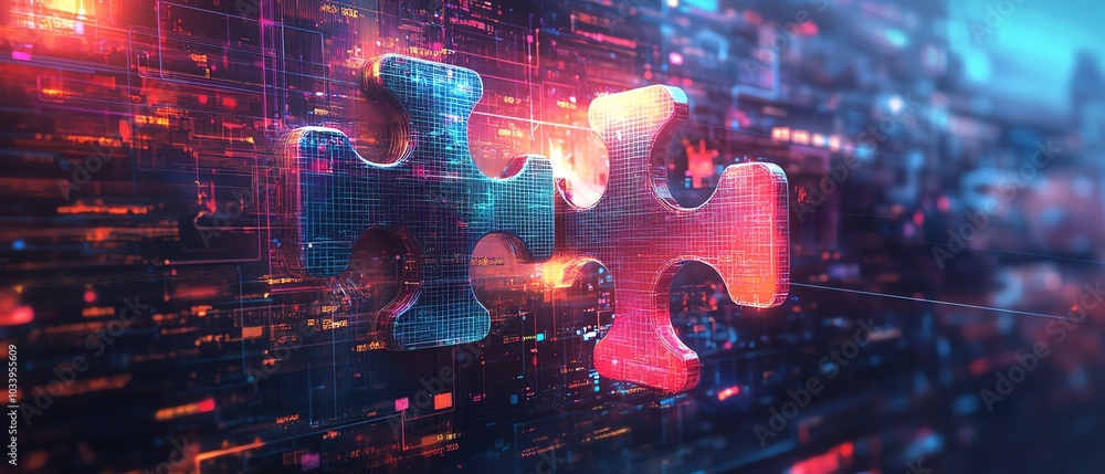 Fototapete digital illustration of api integration concept, featuring two interlocking puzzle pieces against a 