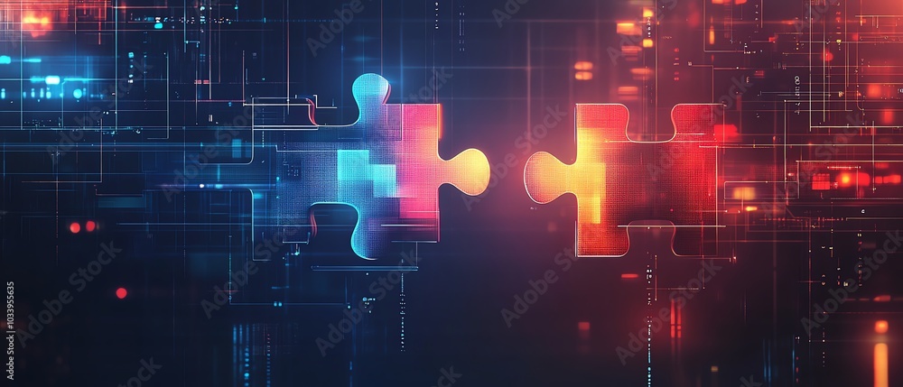 Leinwandbilder Digital illustration of API integration concept, featuring two interlocking puzzle pieces against a futuristic techinspired abstract background, symbolizing seamless connectivity