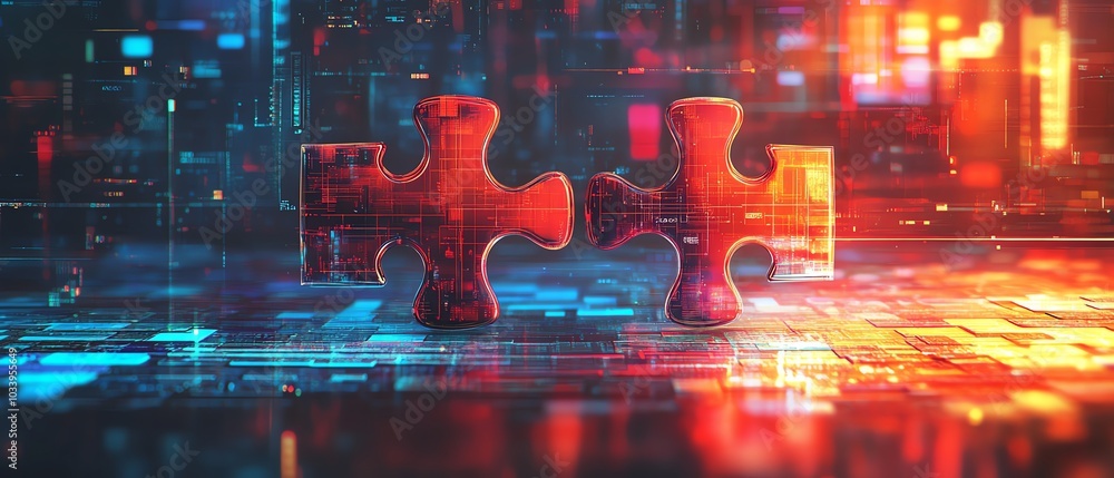 Fototapete Digital illustration of API integration concept, featuring two interlocking puzzle pieces against a futuristic techinspired abstract background, symbolizing seamless connectivity