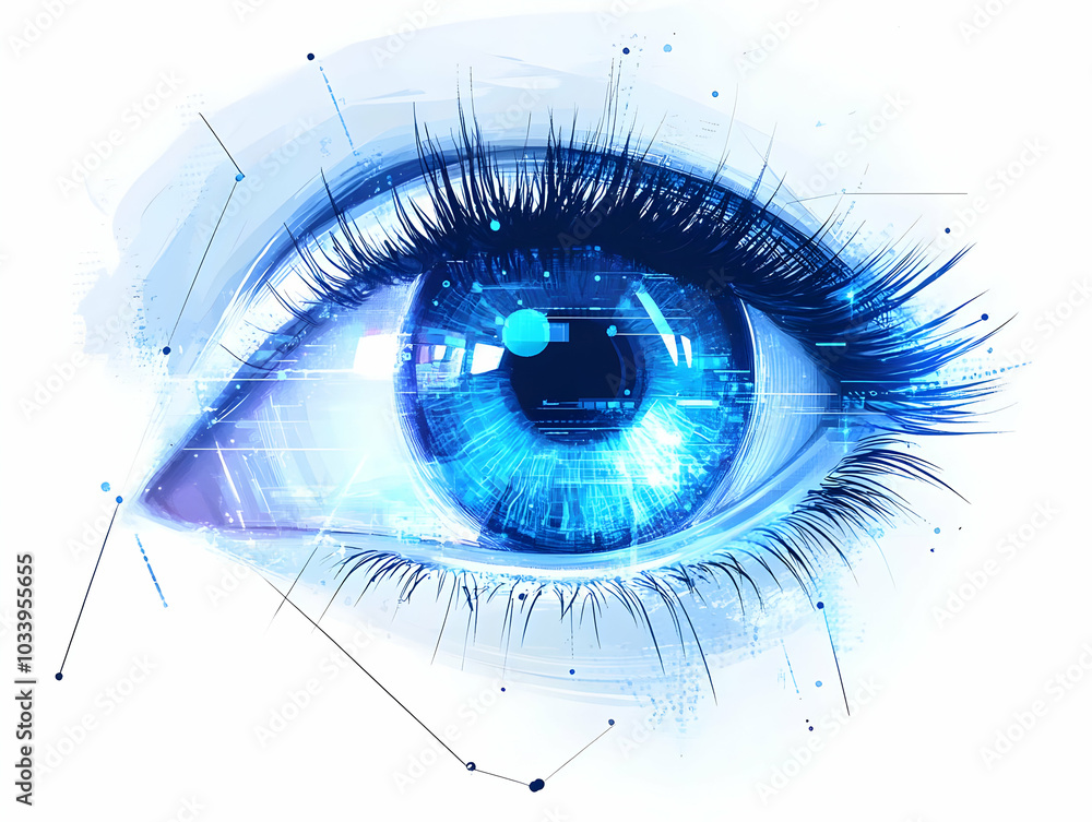 Poster flat biometric voter iris scan: futuristic eye close-up for verification with holographic voting int