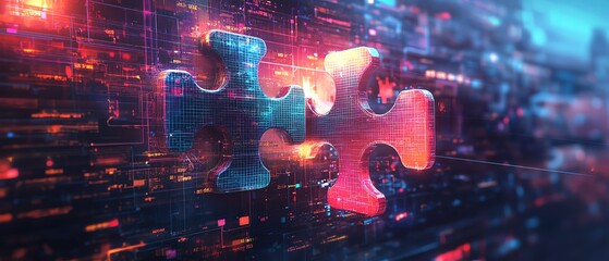 Obraz premium Digital illustration of API integration concept, featuring two interlocking puzzle pieces against a futuristic techinspired abstract background, symbolizing seamless connectivity