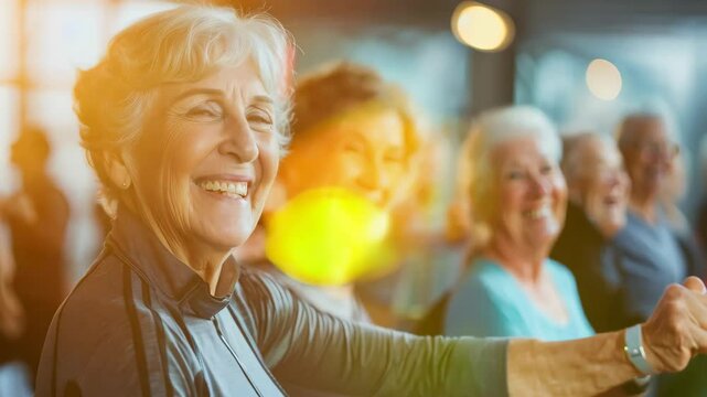 Senior Woman Smiling During Group Fitness Class at Gym &ndash; Active Aging and Healthy Sport Lifestyle