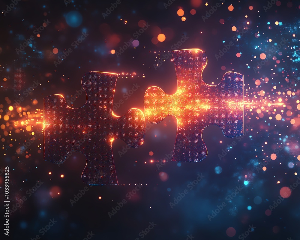 Fototapete dynamic digital artwork illustrating the concept of api integration, featuring two puzzle pieces aga
