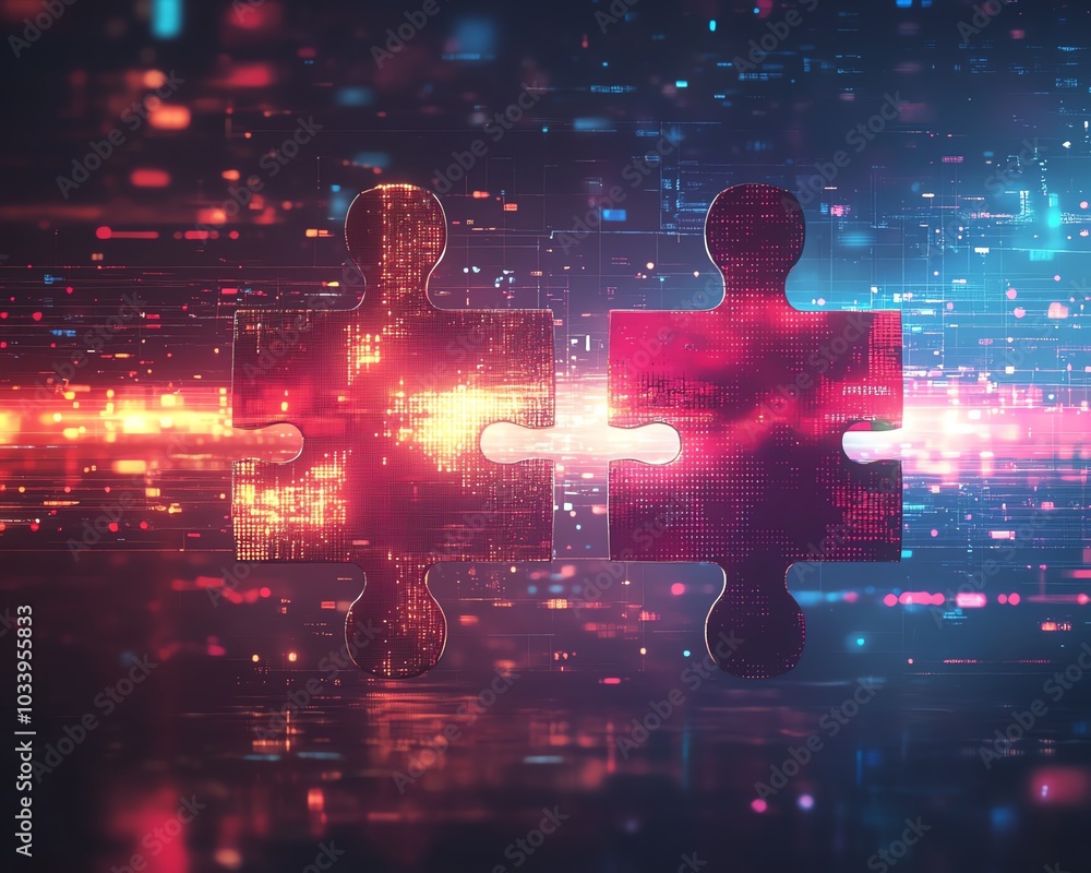 Fototapete dynamic digital artwork illustrating the concept of api integration, featuring two puzzle pieces aga