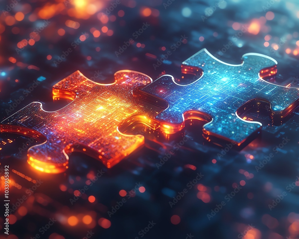 Aufkleber dynamic digital artwork illustrating the concept of api integration, featuring two puzzle pieces aga