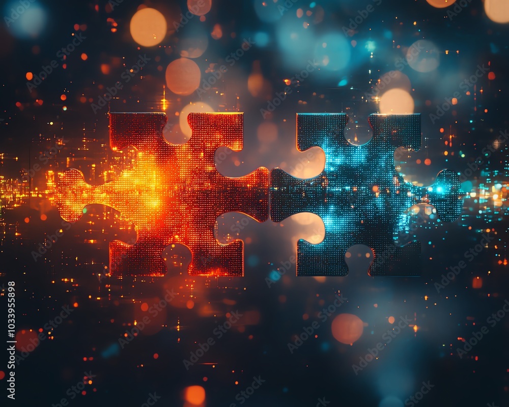 Fototapete dynamic digital artwork illustrating the concept of api integration, featuring two puzzle pieces aga