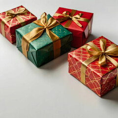 Fototapeta premium Three small gift boxes wrapped in red and green