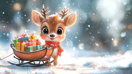 Naklejka premium Cute Chibi Reindeer with Big Eyes and Red Scarf