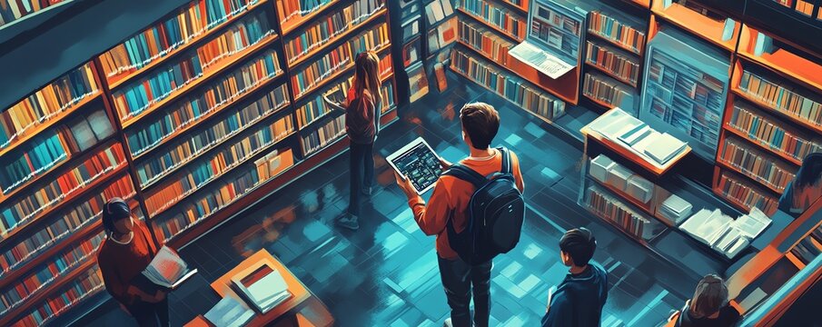 Dynamic scene depicting students engaging with online libraries, using tablets and computers to access a vast array of educational materials and resources