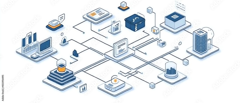 Aufkleber Engaging illustration of a data flow diagram, highlighting the roles of databases, streams, and APIs in the architecture of a comprehensive data management system