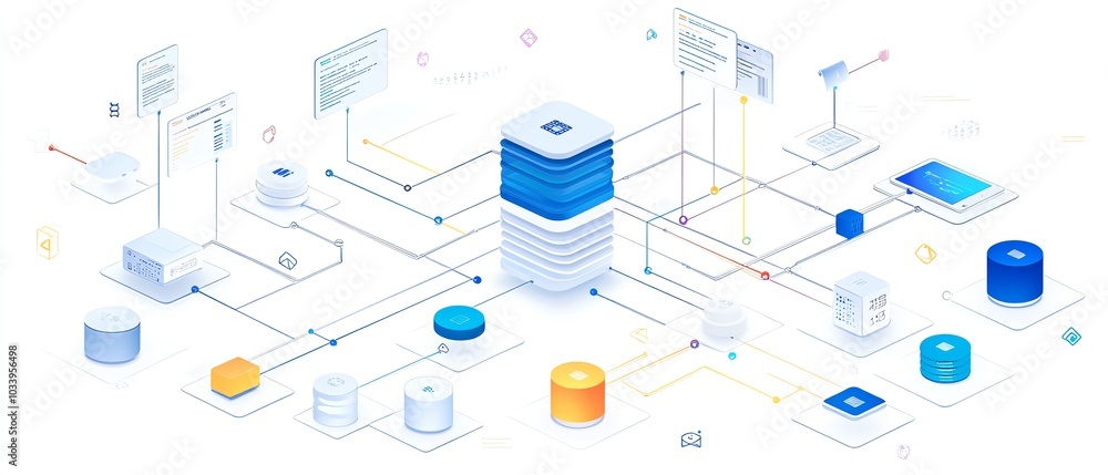 Aufkleber engaging illustration of a data flow diagram, highlighting the roles of databases, streams, and apis