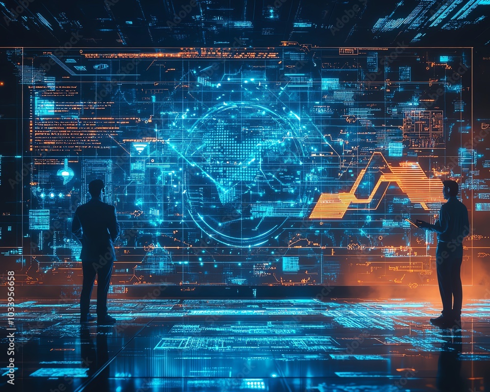 Poster Engaging image of data engineers analyzing and integrating big data from various sources, surrounded by visual elements representing cloud computing and data analytics