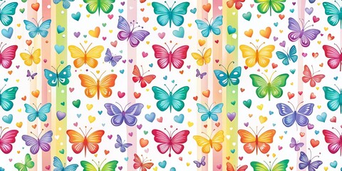 Bright Seamless Spring Striped Rainbow Gradient Pattern with Butterflies and Hearts for Vibrant Decor