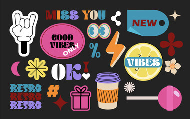 Groovy hipster 90s style stickers. A hand, coffee cup, a lemon. OK! Miss you, retro. Collection of trendy retro patches, stickers, labels, tags, stamps.