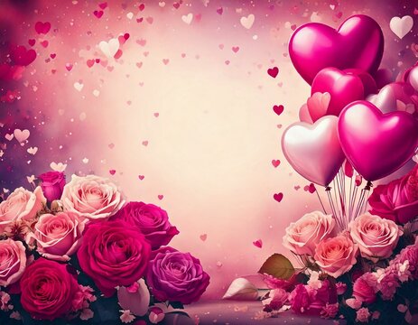 San Valentin, fondo rosa con corazones y flores.