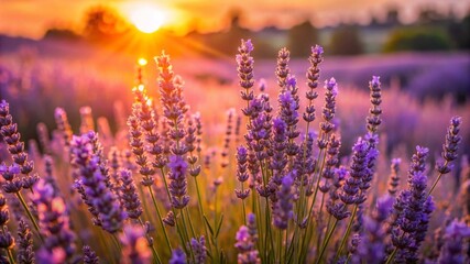 Close-up of lavender flowers in full bloom against a sunset backdrop