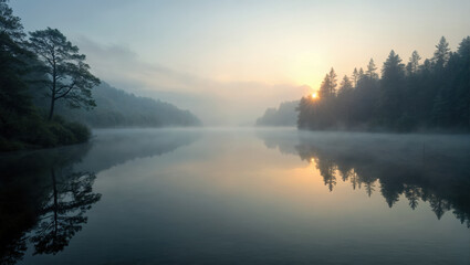 Serene misty lake at dawn, surrounded by lush pine forest, with sun peeking through trees, creating a tranquil reflection on still water