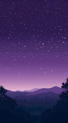 Fototapeta premium A purple sky with stars, a forest on the horizon, in the style of cartoon style, in the style of vector graphics