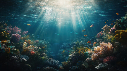 Vibrant Underwater Coral Reef: Tropical Fish and Marine Life with Sunlight Filtering Through Clear Water. High-Resolution Image Capturing Intricate Ecosystem Details.