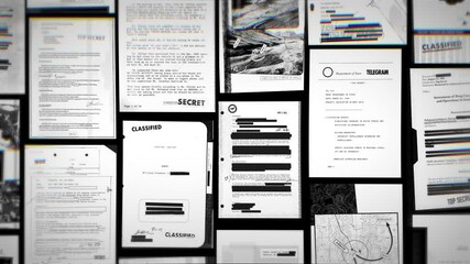 Various classified and official top secret looking documents appear on screen. Flashing and flickering in and out. Many leaked government exposed files or confidential information of sensitive matters - Powered by Adobe