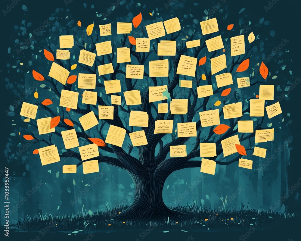 Aufkleber Illustration of a disorganized decision tree, overflowing with branches and labels, symbolizing the complexities and challenges of ineffective management strategies