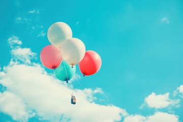 A bunch of balloons floating against a clear blue sky, capturing the essence of freedom and adventure, with fluffy white clouds and sunlight creating a perfect backdrop for outdoor activities