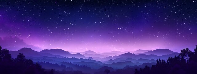 Naklejka premium A purple sky with stars, a forest on the horizon, in the style of cartoon style, in the style of vector graphics