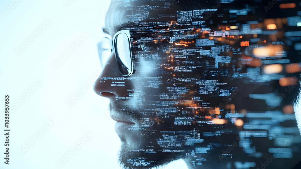 Fototapete 3d policy impact visualization concept: data scientist illuminated by computer screen crafting engag