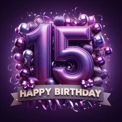 Obraz premium A vibrant 15th birthday decoration featuring purple balloons and a glittering number.